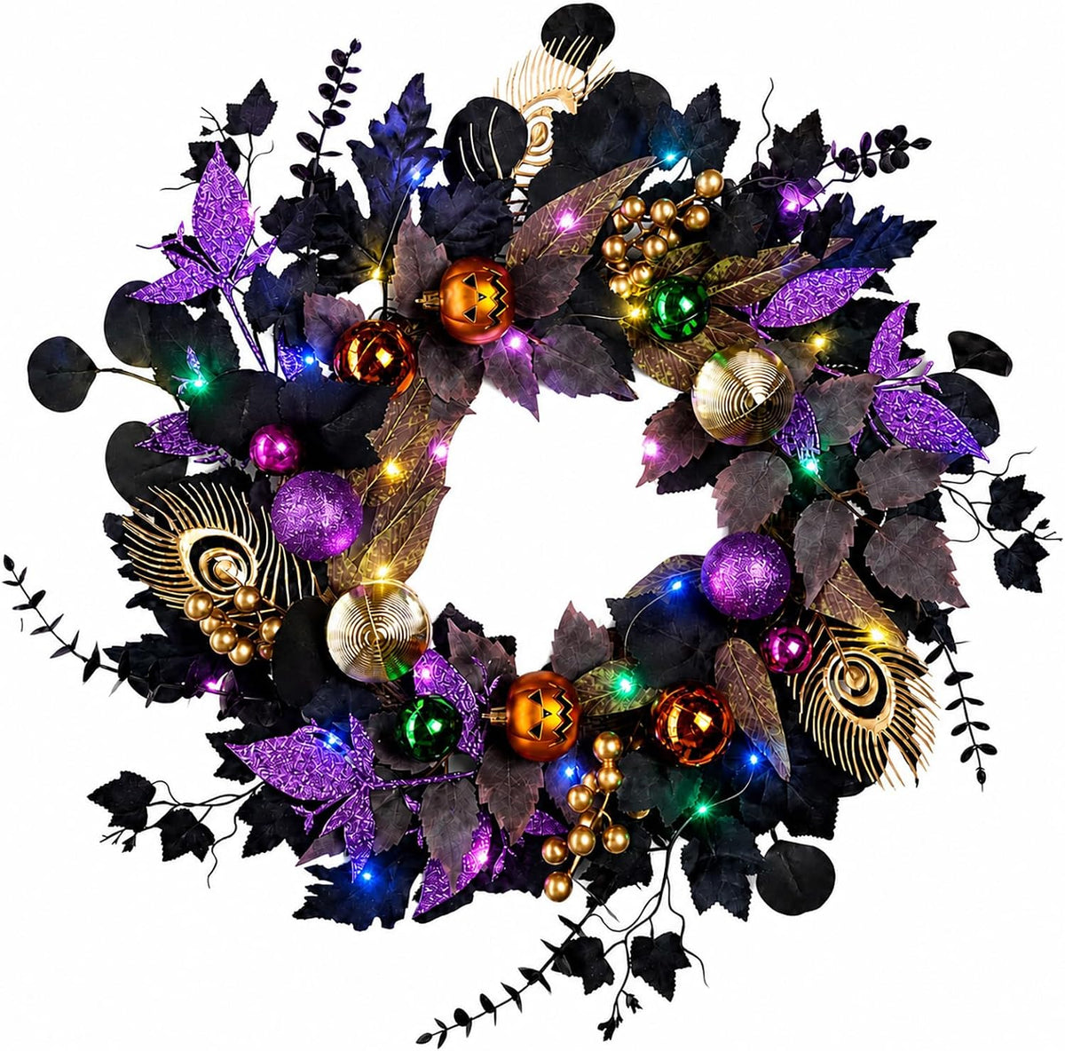 22-Inch Black and Purple Halloween Wreath for Front Door with Light String