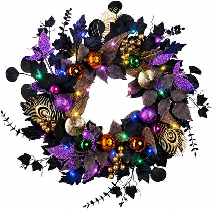 22-Inch Black and Purple Halloween Wreath for Front Door with Light String