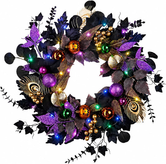 22-Inch Black and Purple Halloween Wreath for Front Door with Light String