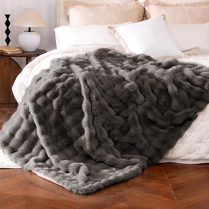 Ultra Soft Cozy Faux Fur Throw Blanket, Fuzzy Plush Thick Bubble Blanket by blunique