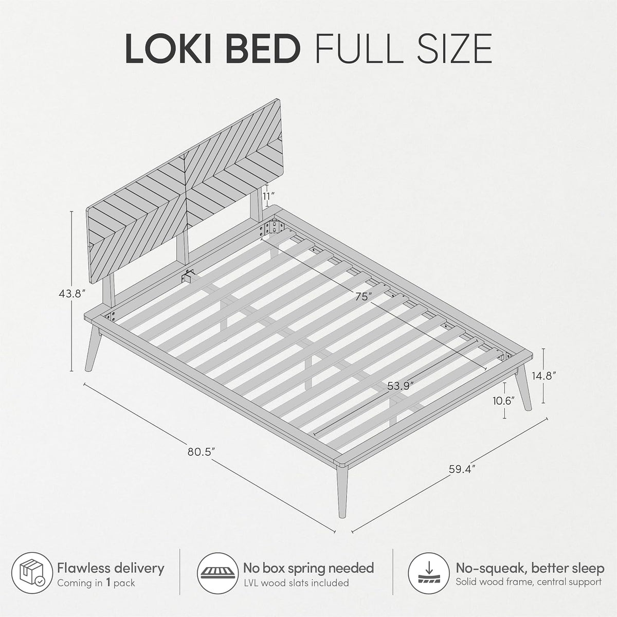 loki solid wood platform bed full, chevron headboard shown in use