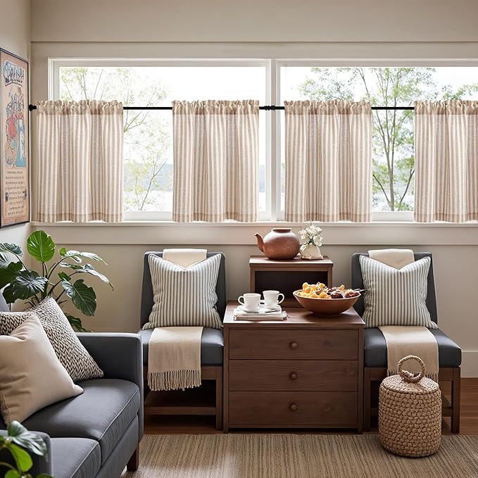jinchan Striped Linen Kitchen Curtains 24 Inches Length Tier Curtains Farmhouse - Image 3