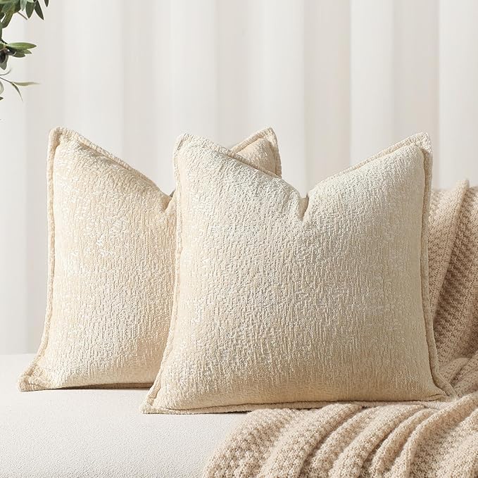 Pack of 2 Beige Decorative Throw Pillow Covers 18x18 Cozy Soft Chenille Boho by DEZENE