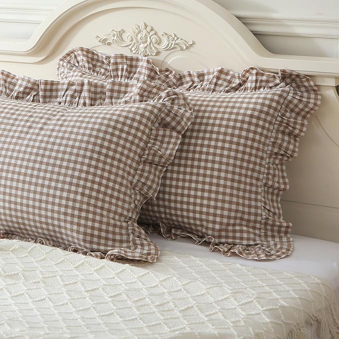 Taupe/White Plaid Ruffle Pillowcases Farmhouse Standard Size Pillow Shams - Image 2