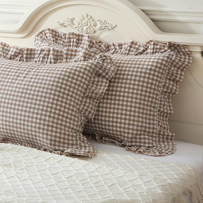 Taupe/White Plaid Ruffle Pillow Shams King Size Set of 2, Shabby Checkered - Image 2