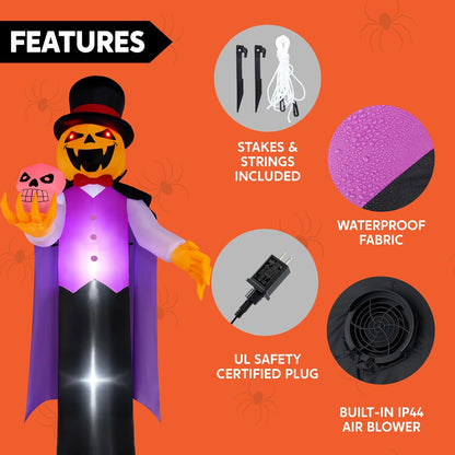 Joiedomi 12FT Giant Halloween Inflatable Pumpkin Ghost Vampire with Skull, Halloween Blow Up Gentleman Ghost Yard Decoration with Built-in LED Glowing Eyes for Lawn Garden Indoor Outdoor Decor
