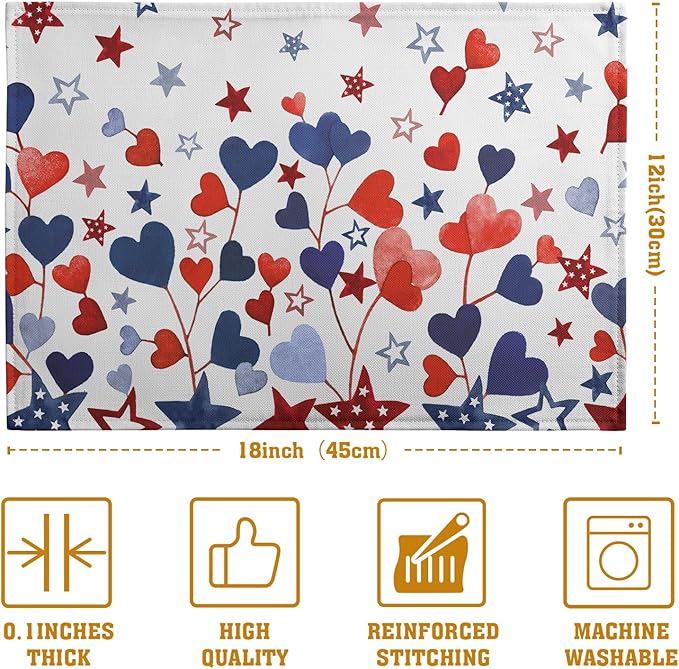 Red Blue Heart Stars 4th of July Placemats Set of 4 Patriotic America - Image 4