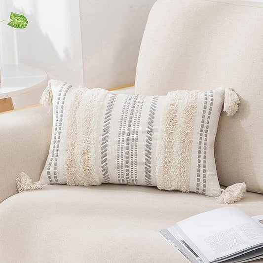 decorUhome Decorative Boho Throw Pillow Cover 12x20, Lumbar Accent Neutral by decorUhome
