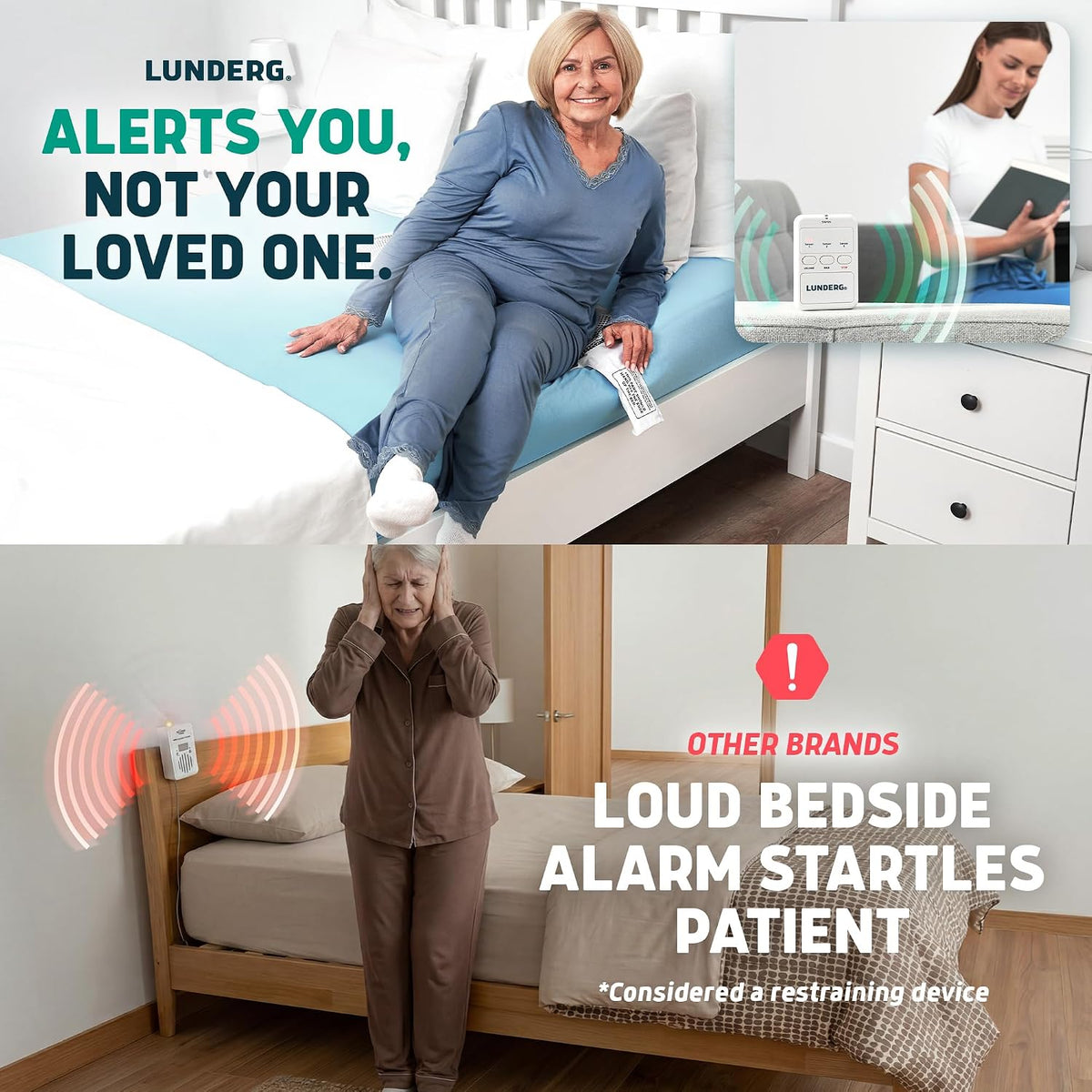 lunderg wireless early alert bed & chair alarm, close-up detail