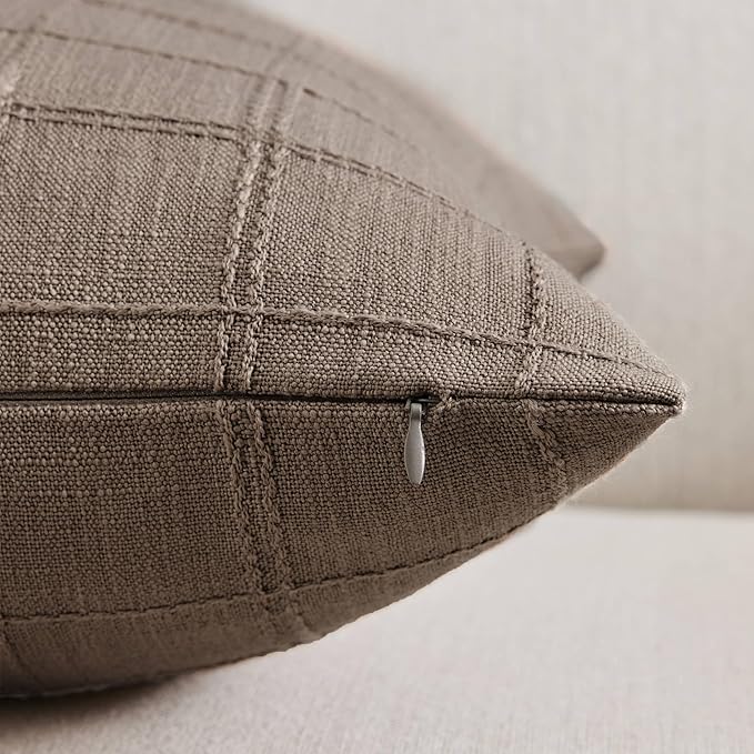 ZeeMart Linen Checked Throw Pillow Covers Set of 2, 22x22 Inch Allover Grid - Image 2