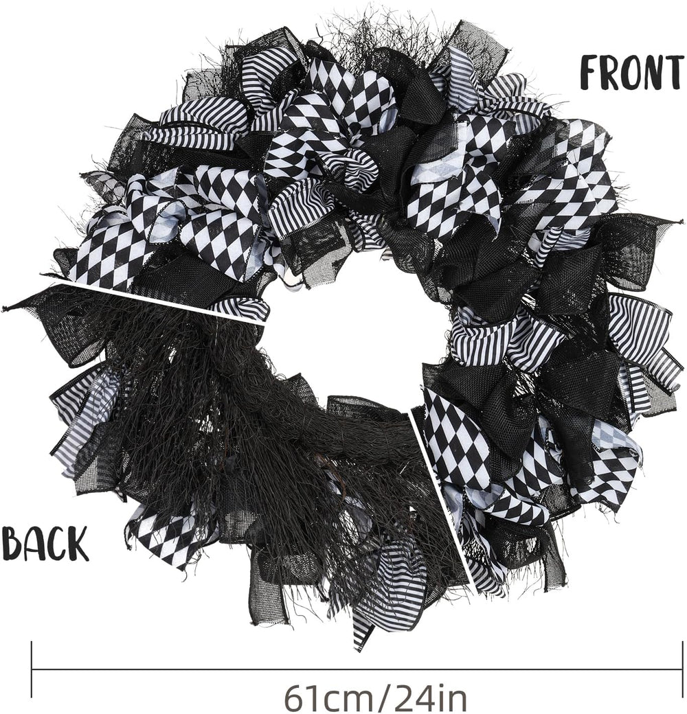 Halloween Wreath, 26 Inch, Black & White Checkered Bow
