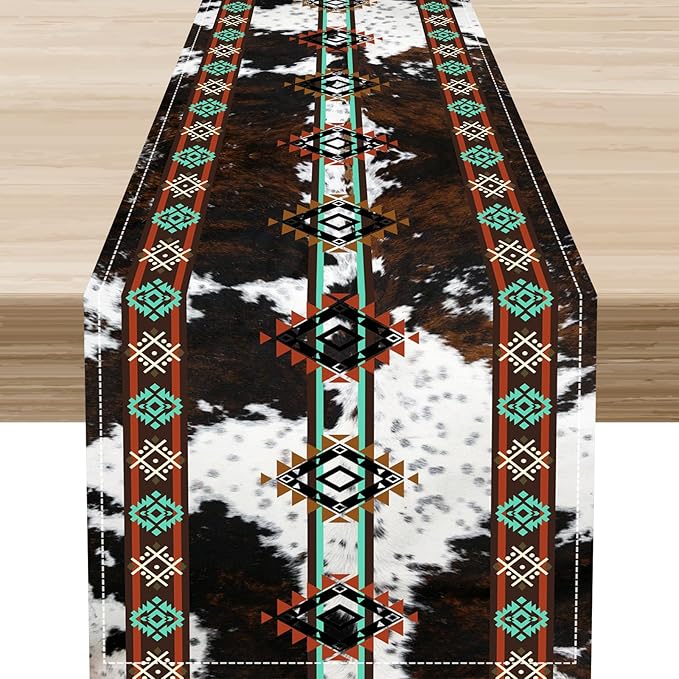 Western Table Runner, Rustic Brown Cow Print Skin Cowhide Aztec Southwest by Unknown