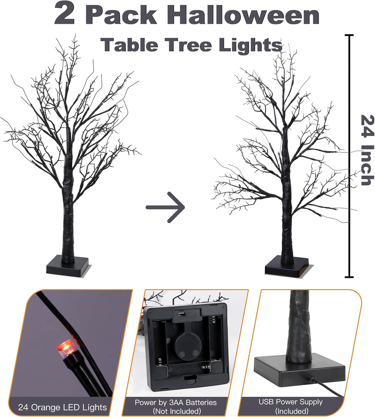 Halloween Decorations Indoor 2 Pack 24 Inch Black Halloween Tree with 24 Orange Red Lights, Timer/USB/Battery Operated Tabletop Lighted Spooky Tree for Halloween Table Decor Home Indoor Office