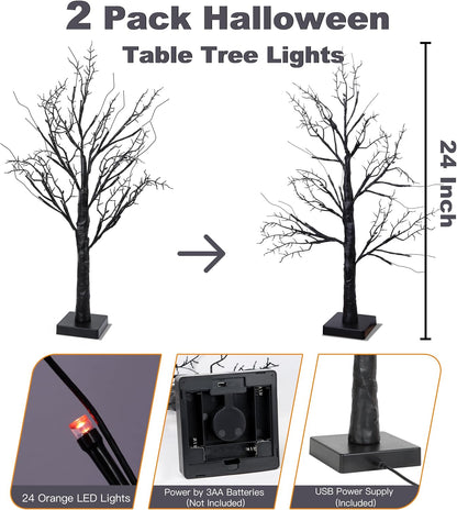 Halloween Decorations Indoor 2 Pack 24 Inch Black Halloween Tree with 24 Orange Red Lights, Timer/USB/Battery Operated Tabletop Lighted Spooky Tree for Halloween Table Decor Home Indoor Office
