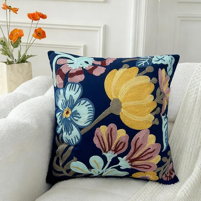18x18 Embroidered Throw Pillow Cover – Blue Pumpkin Blossom Cotton Decorative by EmbroideredLiving