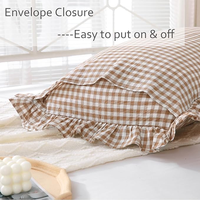 2 Pack Taupe White Plaid Gingham Ruffle Pillow Shams Standard Size, 100% Washed - Image 4