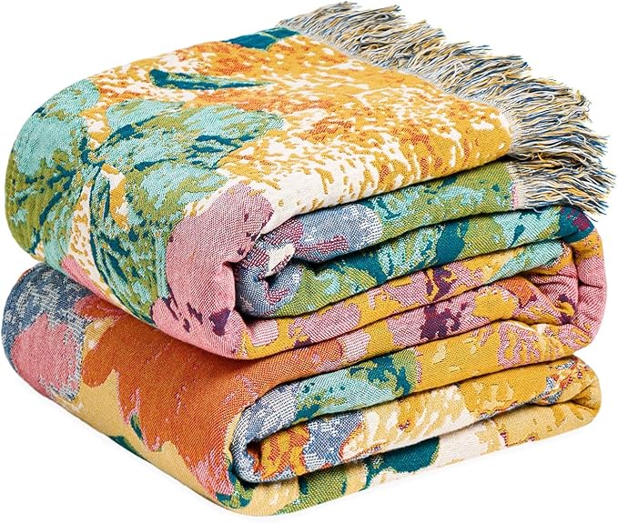 MSGKV Boho Throw Blanket for Bed 60"x80" Cotton Floral Twin Size Couch Blankets by MSGKVHomeTextiles