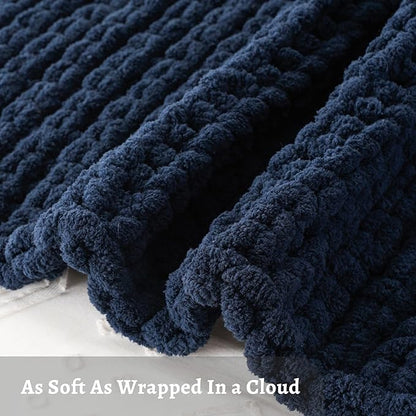 Battilo Navy Chunky Knit Throw Blanket, Soft and Thick Navy Blue Chenille Throw - Image 4