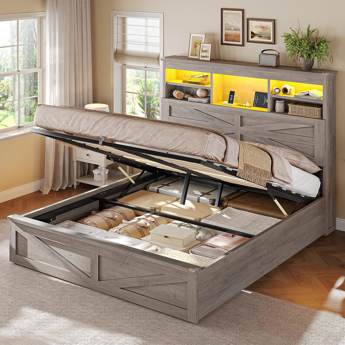aogllati farmhouse full size bed frame with lift, main product view