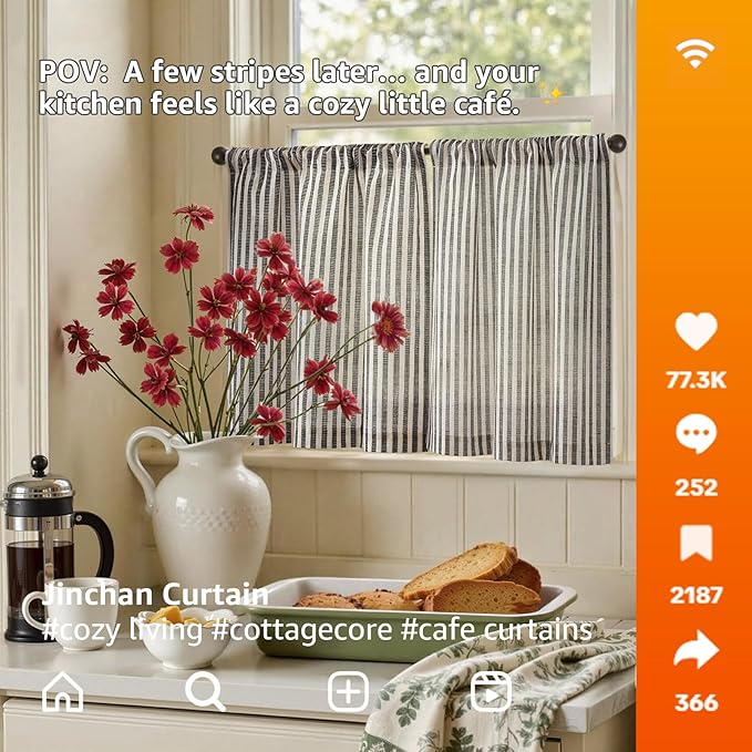 jinchan Striped Linen Kitchen Curtains 20 Inches Length Tier Curtains Farmhouse - Image 3