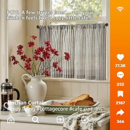 jinchan Striped Linen Kitchen Curtains 20 Inches Length Tier Curtains Farmhouse - Image 3