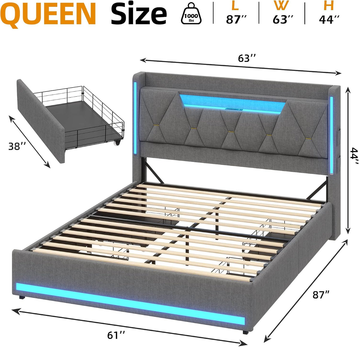 busyaeh queen size bed frame with 4 drawers shown in use