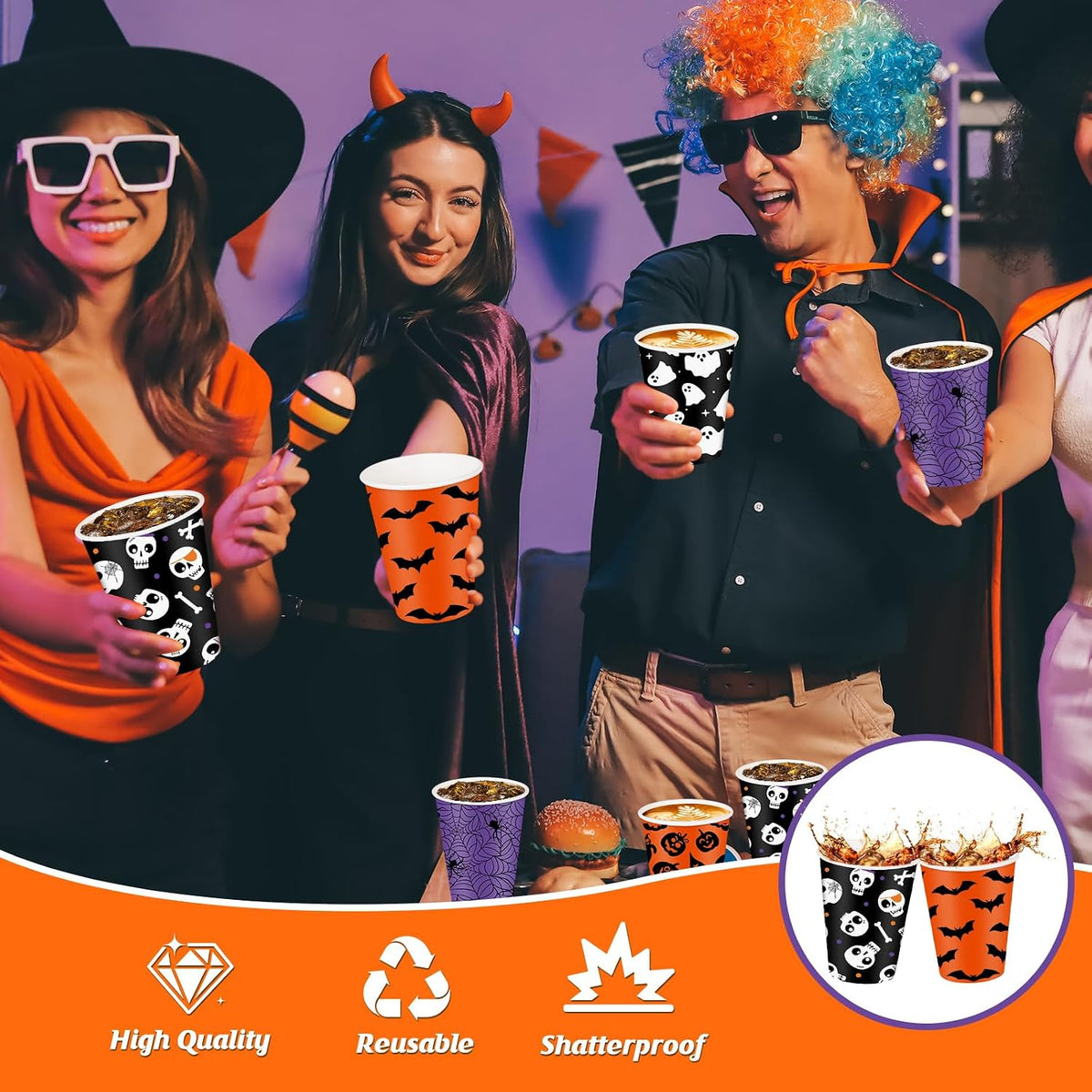 100 Set Halloween Disposable Coffee Cups with Lids 12oz, Bulk Black Orange Pumpkin Ghost Bat Disposable Party Paper Cups for Hot Chocolate Cold Drinks Halloween Birthday Party Supplies Decorations