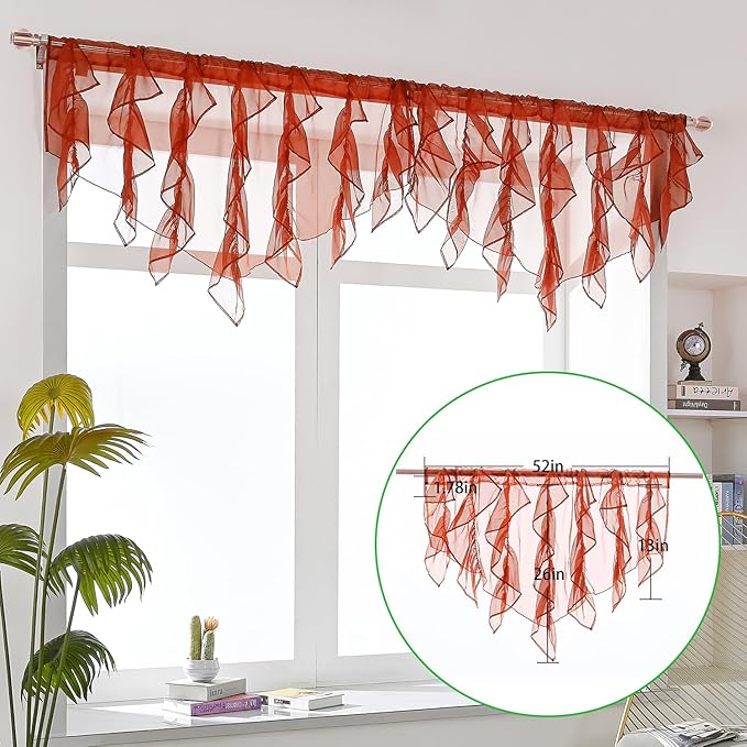 PearAge Ruffled Voile Semi Sheer Curtain Valance, Kitchen Living Room Shabby - Image 6