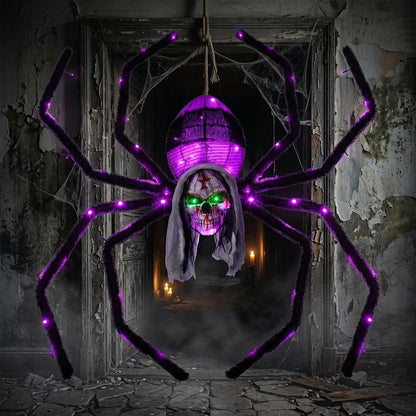 52" Halloween Giant Skull Face Spider, Lighted Outdoor Decoration with Flashing Red & Green Eyes, 70 LED Glowing Spider for Yard, Lawn, Porch, Haunted House Decor (52" Wall-Mounted)