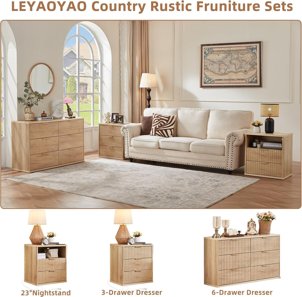 LEYAOYAO Fluted Dresser and 3 Drawers Nightstand Set of 2, Wood 48" Wide...
