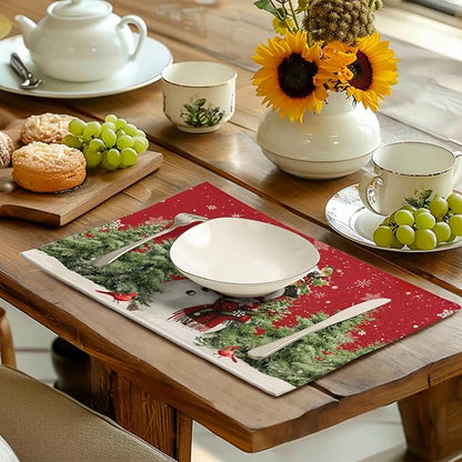 Snowman Christmas Red Placemats Set of 4 Xmas Tree Cardinal Snowflakes Linen - Image 6