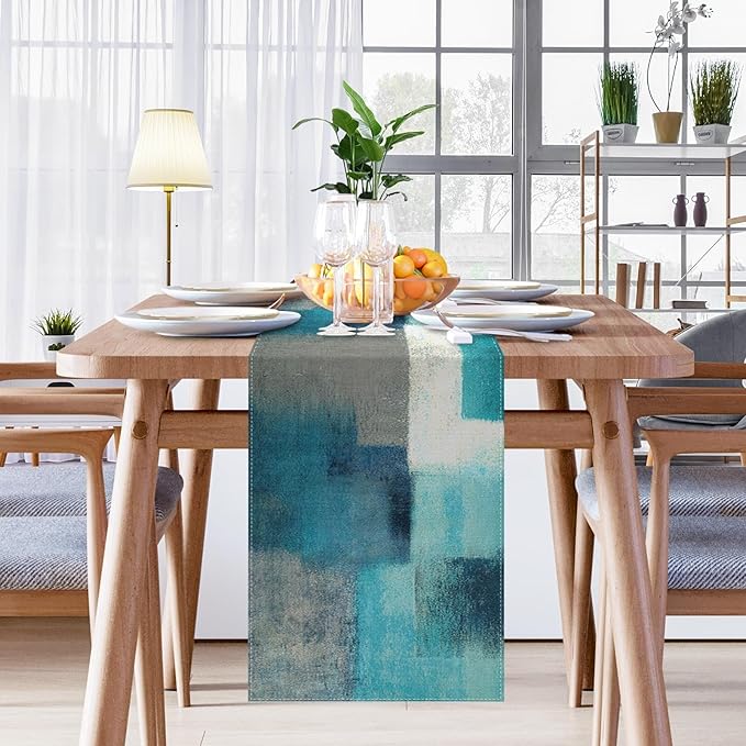 Emvency Farmhouse Table Runner, Modern Teal and Grey Abstract Art Painting - Image 4