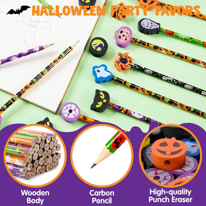 JOYIN 108PCS Halloween Pencils with Erasers Stationery Set, 108 Colorful Pencils in 6 Design, 108 Giant Erasers in 12 Style for Kid Trick or Treat, Halloween Party Favor Supplies, Classroom Prize Gift