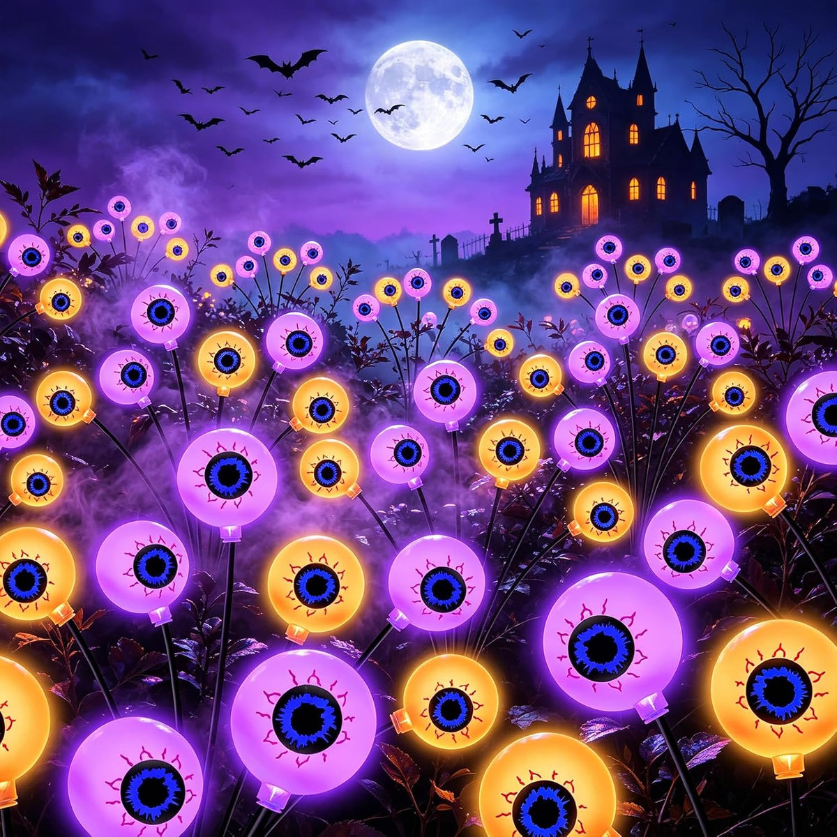 Halloween Decorations Outdoor, 4 Pack 24 LED Purple and Orange Solar Scary Eyeball Swaying Lights, Solar Firefly Light Waterproof Outdoor Lights for Halloween Yard Garden Party