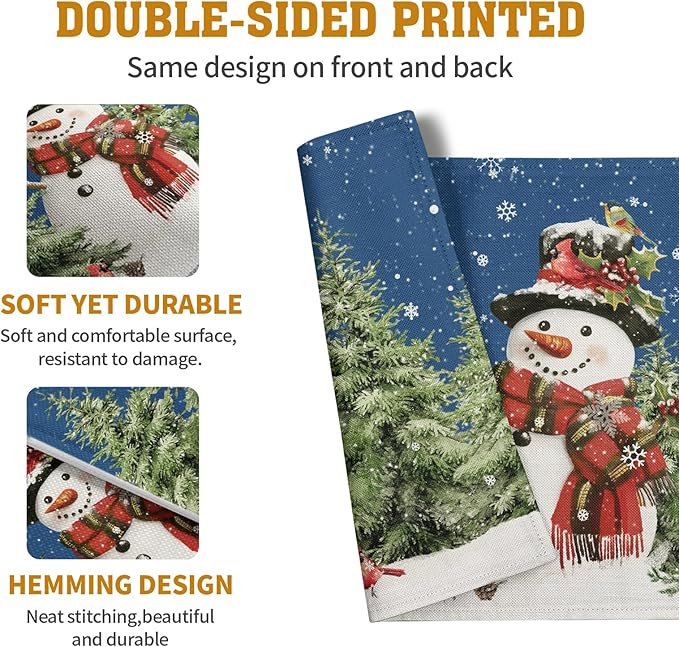 Blue Snowman Christmas Placemats Set of 4 Xmas Tree Cardinal Snowflakes Linen - Image 5
