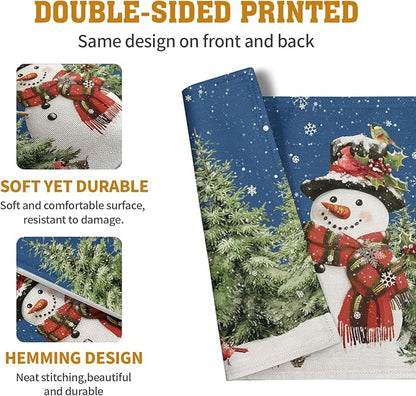 Blue Snowman Christmas Placemats Set of 4 Xmas Tree Cardinal Snowflakes Linen - Image 5