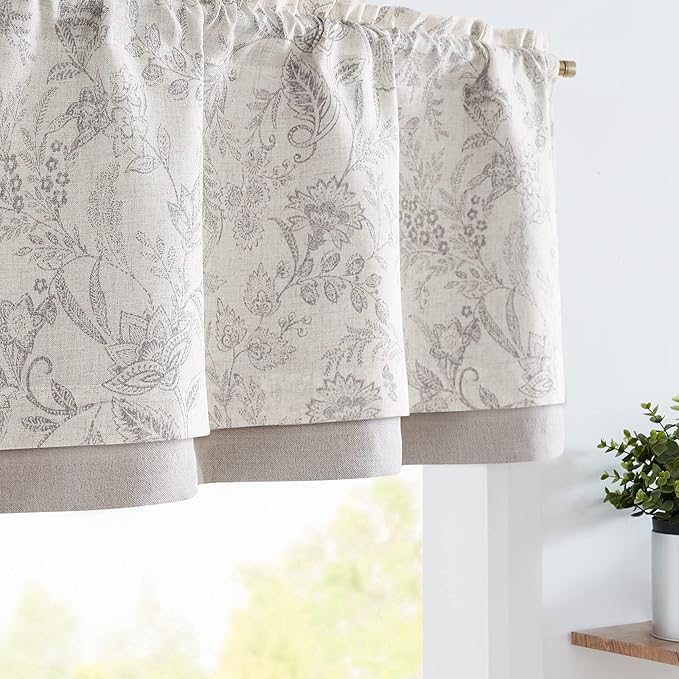 jinchan Linen Valance Curtain Farmhouse Grey Floral Printed Small Window Curtain by JINCHAN