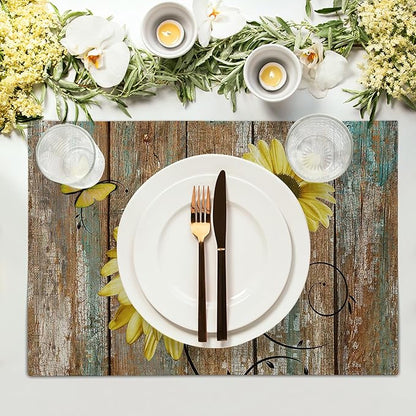 Giwawa Rustic Daisy Placemats Set of 4- Yellow Sunflowers Vintage Wood Board - Image 3