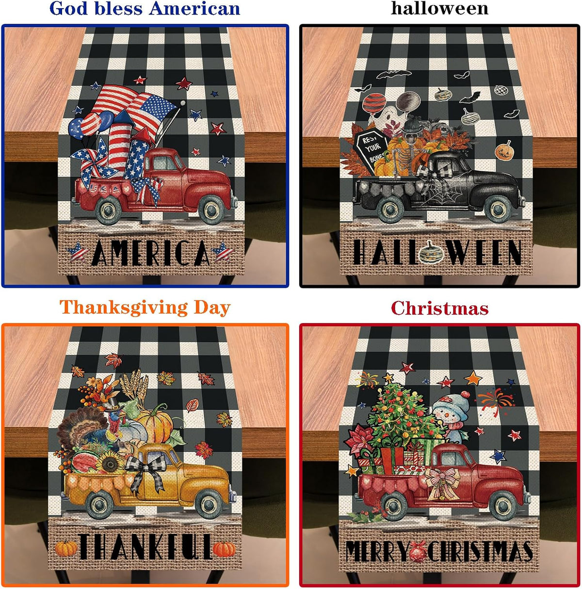 8 Pcs Truck Holiday Table Runners 72 Inches Long, Rustic Truck Fall Winter Halloween Christmas Burlap Table Runners, Car Buffalo Plaid Dining Table Decor for Farmhouse Garden Party Supplies