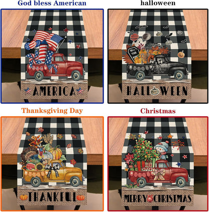 8 Pcs Truck Holiday Table Runners 72 Inches Long, Rustic Truck Fall Winter Halloween Christmas Burlap Table Runners, Car Buffalo Plaid Dining Table Decor for Farmhouse Garden Party Supplies