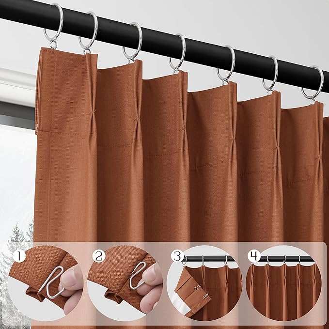 Terracotta 100% Blackout Pinch Pleated Linen Curtains 96 Inches Long - Image 3