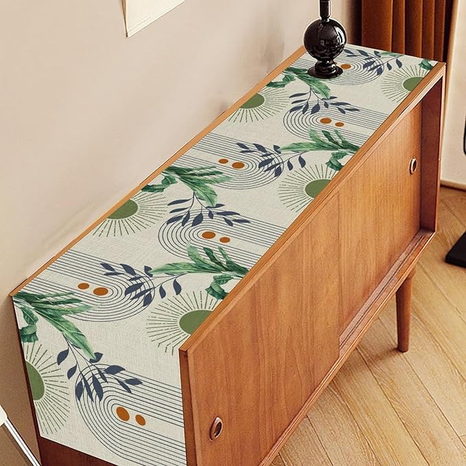 Mid Century Modern Table Runner, Abstract Green Leaves Tropical Plants Palm - Image 3
