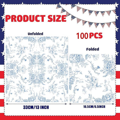 100 Pack Blue Floral Cocktail Napkins Blue and White Floral Toile Paper Napkins - Image 2
