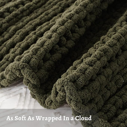 Battilo Olive Green Chunky Knit Throw Blanket, Soft and Thick Green Chenille - Image 6