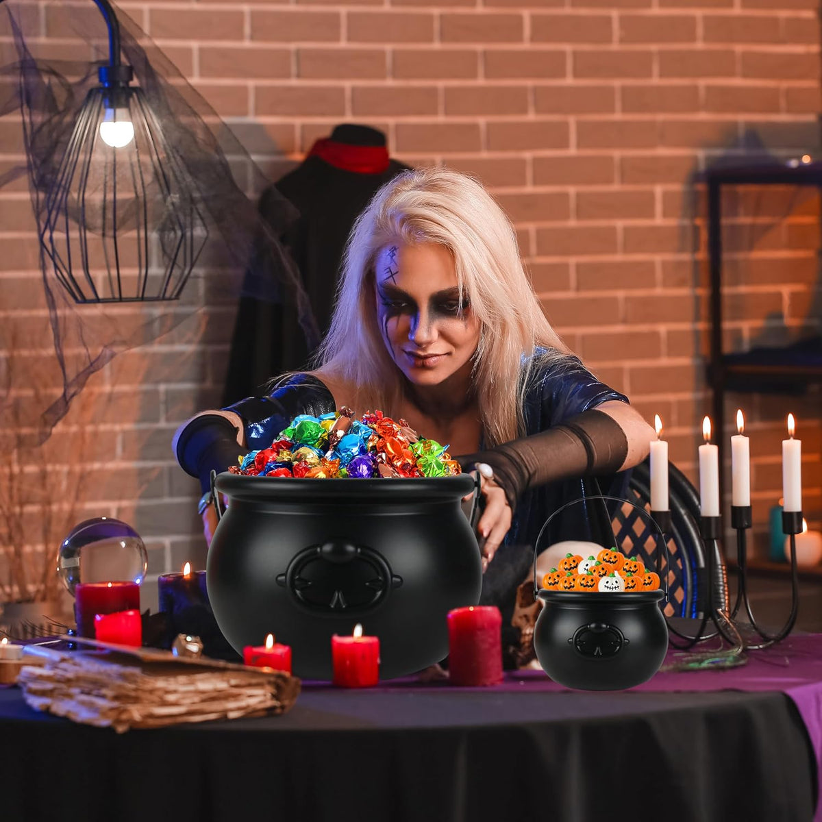 Halloween Large Cauldron Kettles, 4 in 1 [12.6"+7.7" +5.7"+ 5.7 "] Witch Cauldrons, Plastic Black Witch Pot, Treats & Punch Bowl, Candy Holder, Halloween Party Favor for Indoor Outdoor Decoration