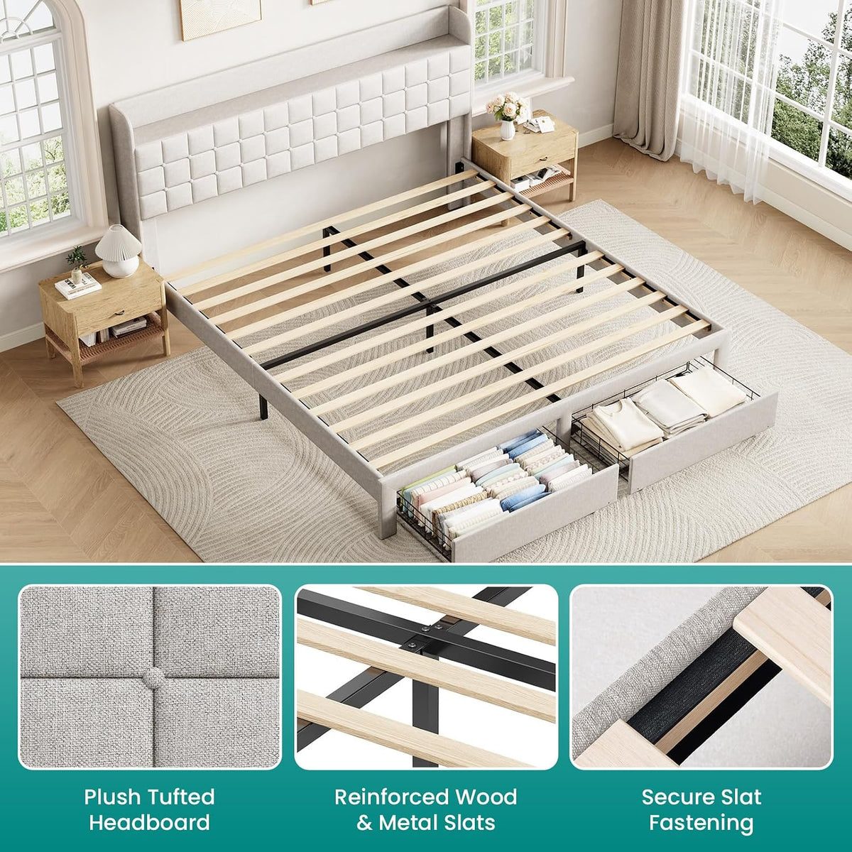 dumos king bed frame, upholstered platform bed frame, package contents