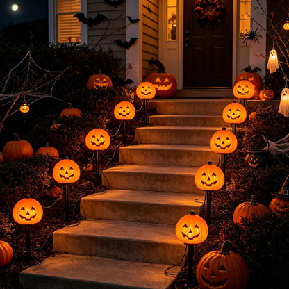 2 Sets 7Ft Halloween Pathway Lights Outdoor Pumpkin Stake Light with 4 Jack-O Lantern Pumpkin Lights and 4 Stakes for Halloween Decorations Outdoor Walkway Pathway Driveway Garden Yard Lawn Light