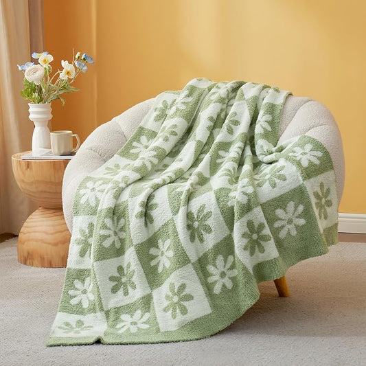 Snuggle Sac Checkered Blanket, Sage Green Flower Throw Blanket by SnuggleSac