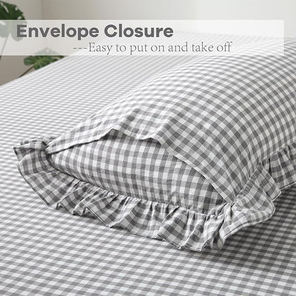 2 Pack Grey White Plaid Ruffle Gingham Pillow Shams Standard Size, 100% Washed - Image 4