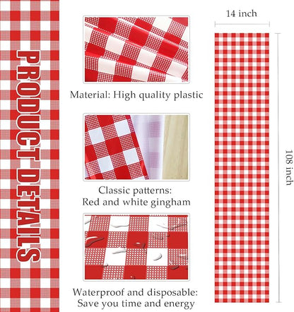 12 Pcs Red and White Checkered Table Runner Plastic 14 x 108 Disposable Gingham - Image 2